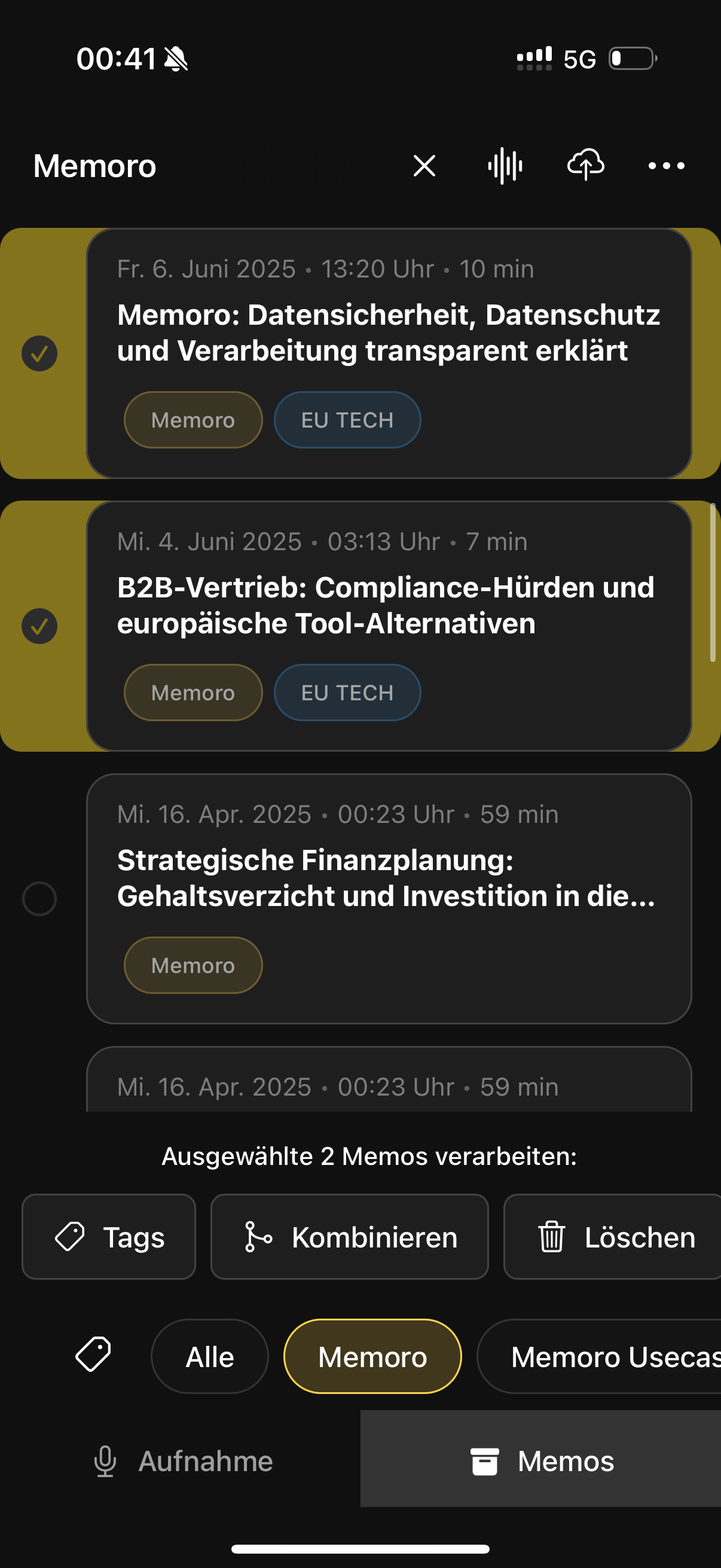 Memo-Auswahl für Kombination
