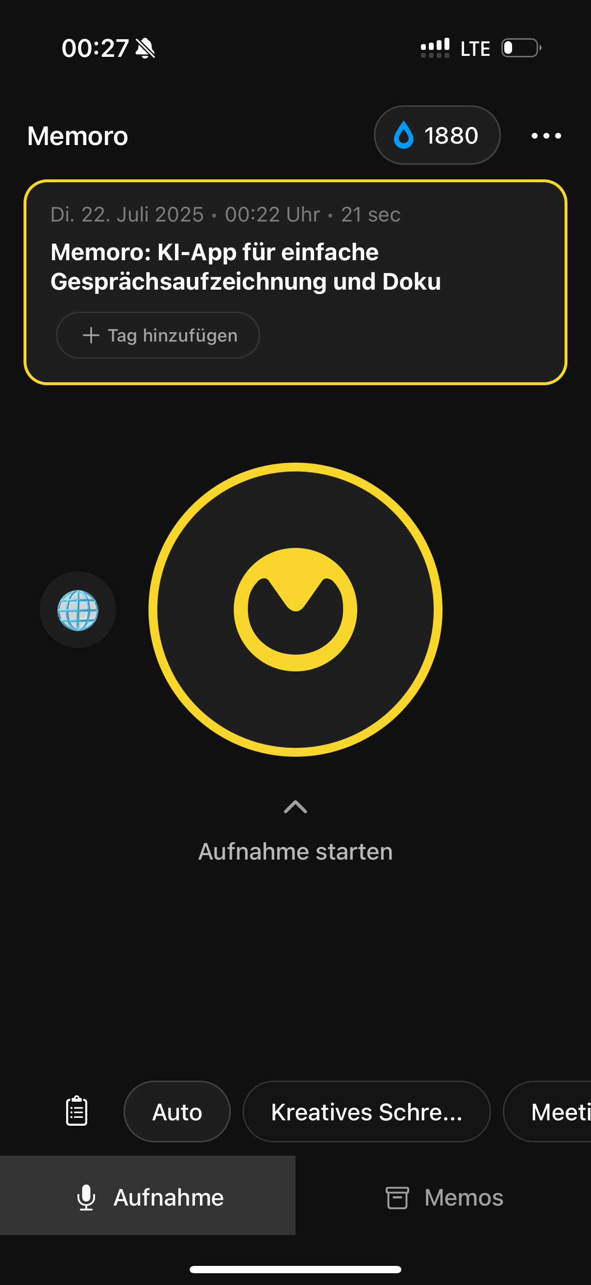 Memoro Aufnahmebildschirm