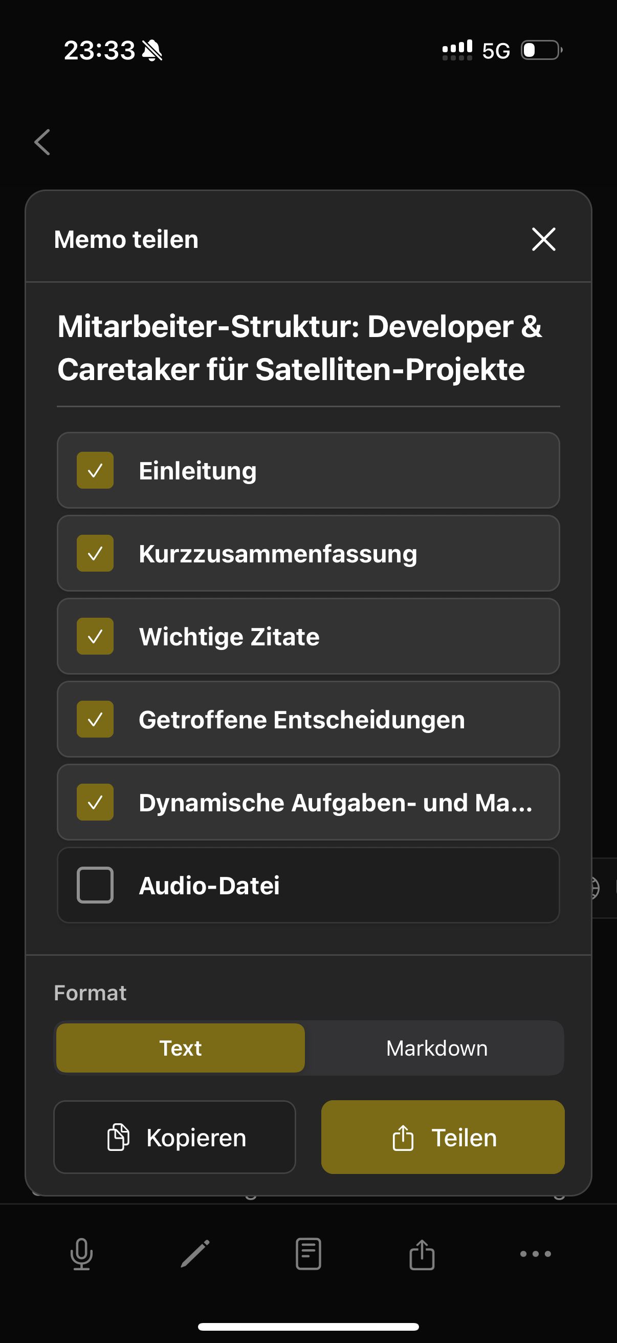 Memoro Sharing Optionen